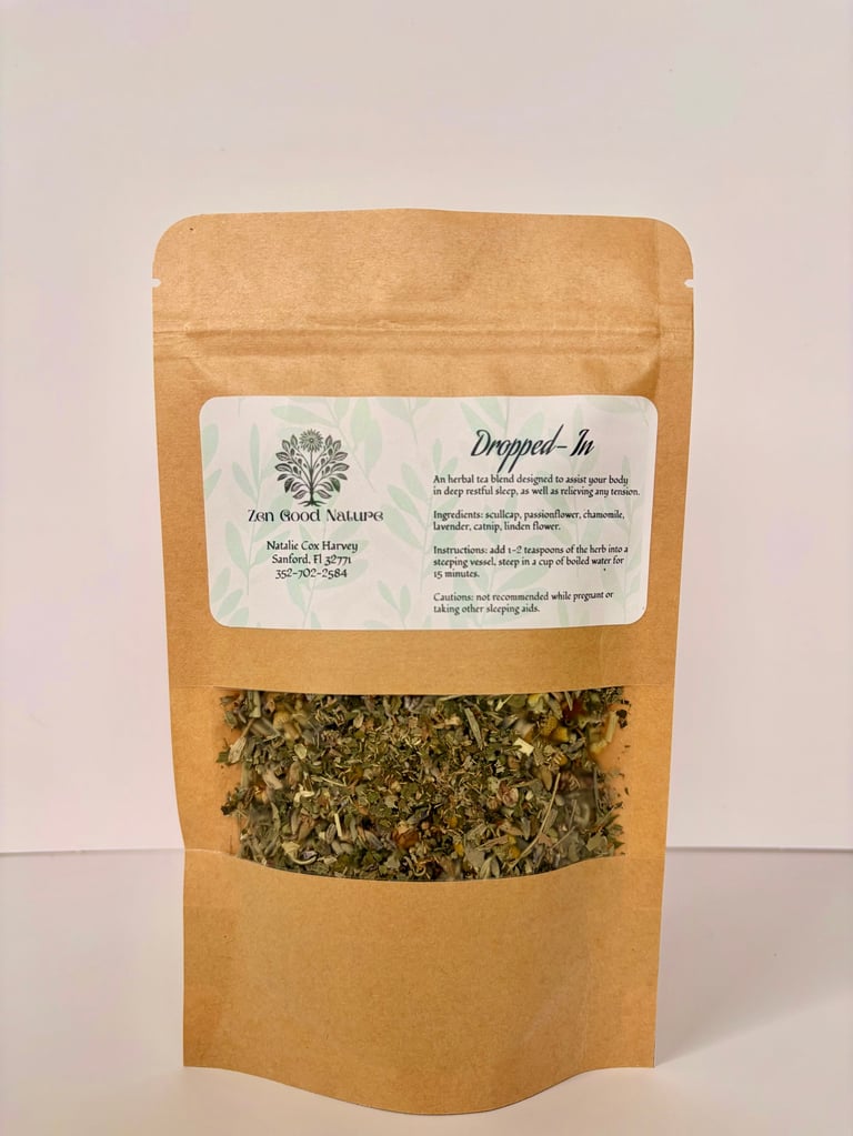 Brown kraft pouch of dried herbal tea blend with white label reading Dripped-In from Zen Roost Naturals, displayed against neutral background