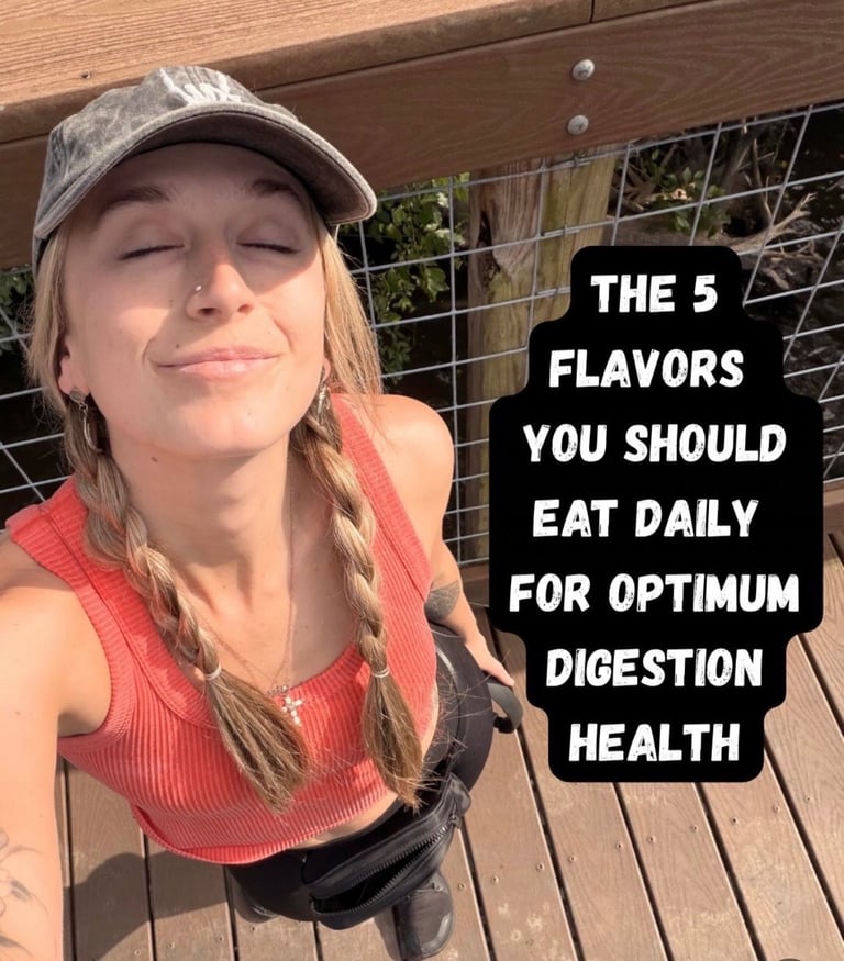 Woman in cap and pink tank top on deck with text overlay about 5 flavors for digestive health