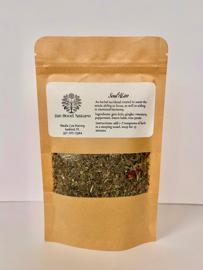 Brown kraft pouch of dried herbal tea blend with label and window showing mixed herbs inside